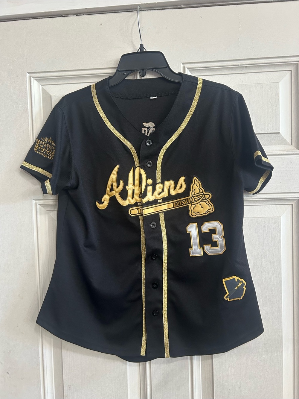 Black ACUNA JR. #13 Jersey OUTKAST V-Neck Top with Gold Embroidery